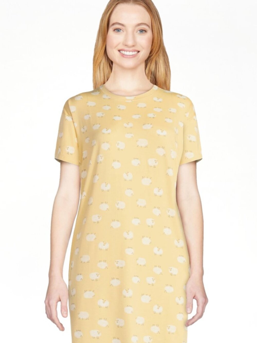JoySpun Yellow Sheep-Print Short Sleeve Tunic Sleep Shirt